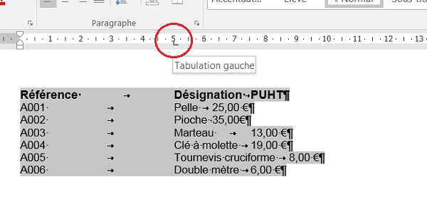 Alignement colonne par taquet de tabulation gauche