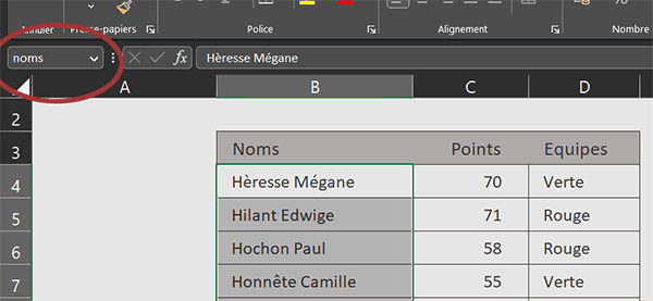 noms des plages de cellules attribuées au tableau Excel