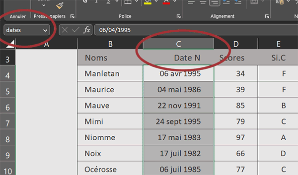 Noms des colonnes du tableau Excel pour formules de tri