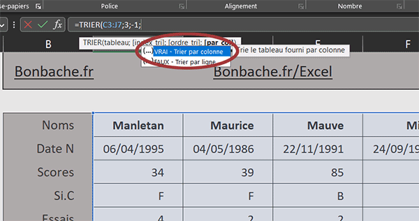 Choisir de trier horizontalement, par colonne, avec la fonction Excel Trier