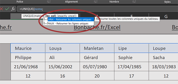 Paramètre de la fonction Excel Unique pour extraire sans doublons horizontalement