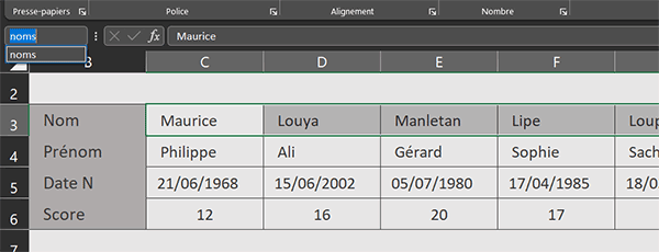 Nom de la ligne Excel pour extraire les valeurs uniques